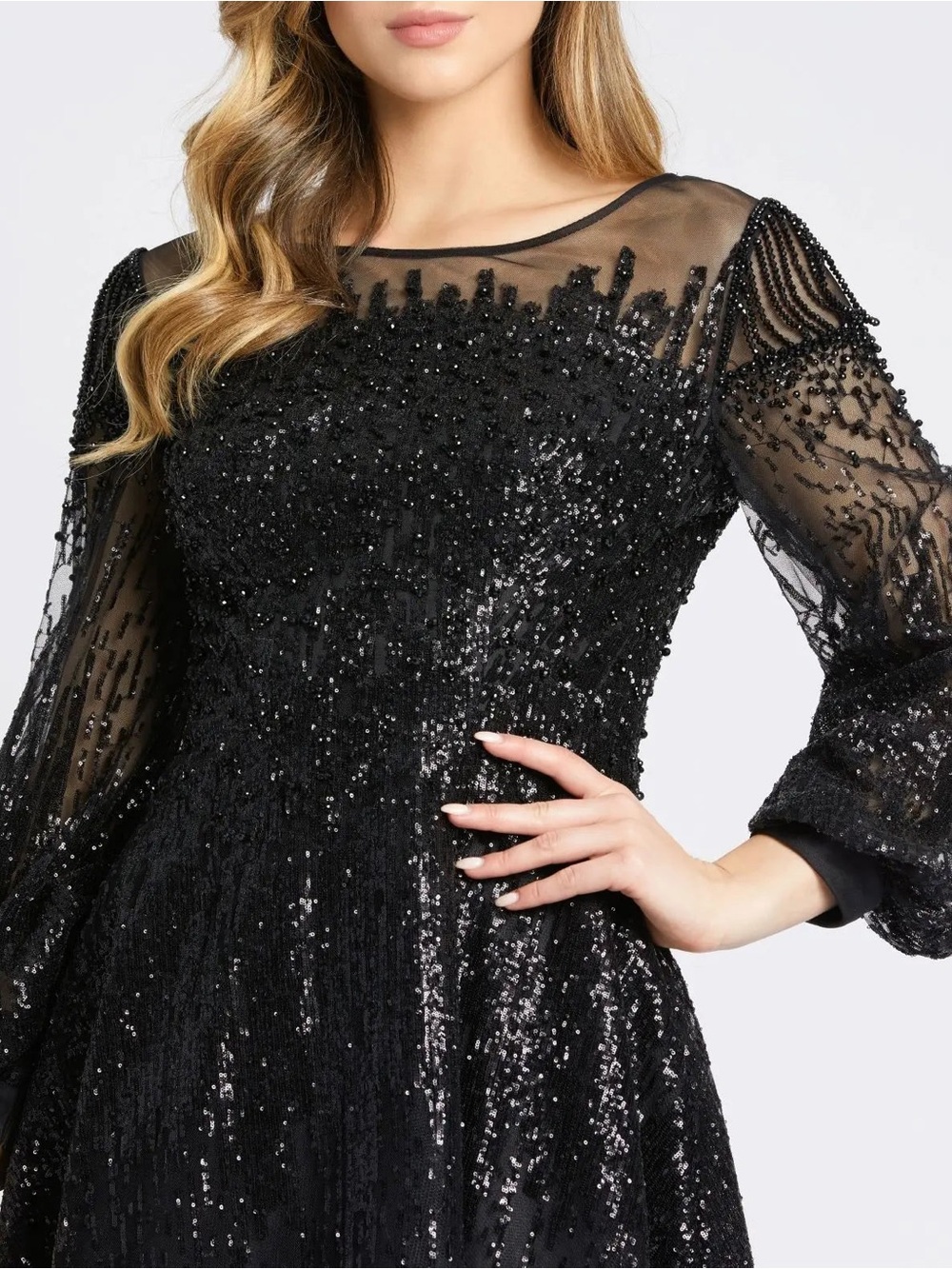 Mac Duggal Black Jewel Encrusted Illusion Long Sleeve A-line Gown Size 14 NWT - Picture 2 of 16